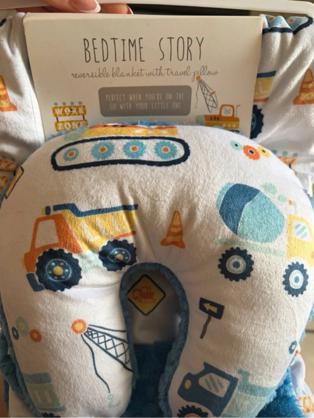 Reversible Kids Neck Pillow and Blanket Set - Blue Construction Print